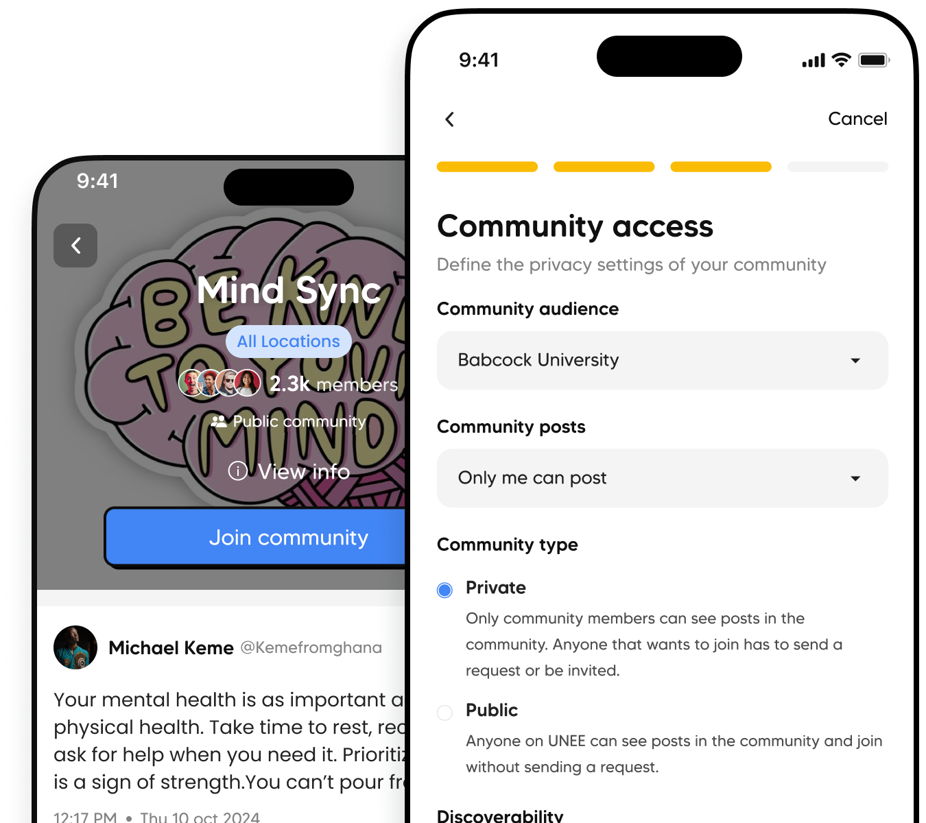 App interface showing community creation