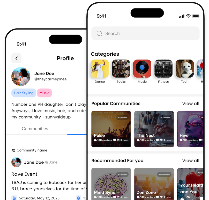 App interface showing chat rooms and communities